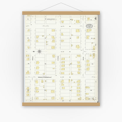 Old map wall art mockup — magnetic wood frame on white wall — Sanborn Fire Insurance Map from Teague, Freestone County, Texas (1908), Sheet #0004