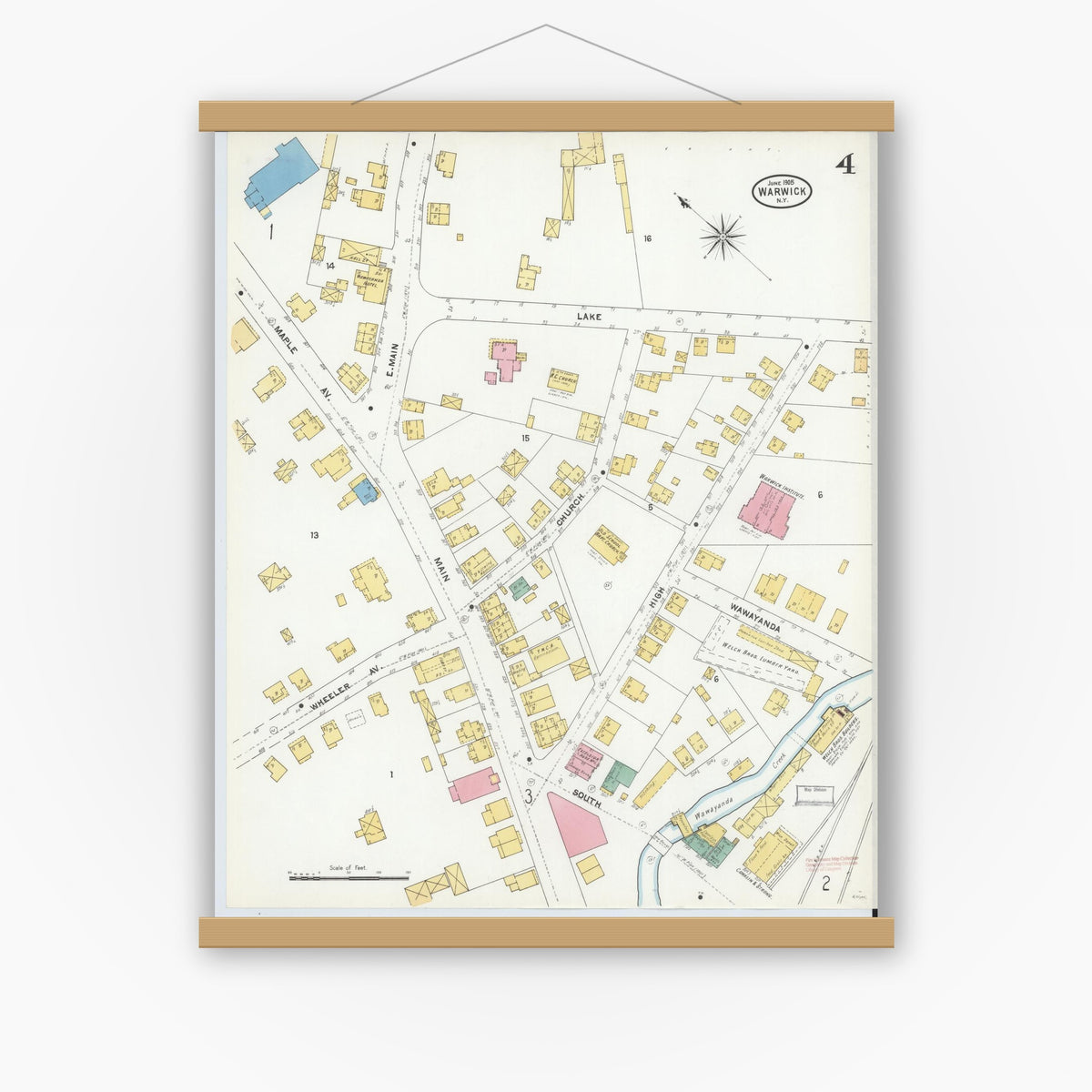 Old map wall art mockup — magnetic wood frame on white wall — Sanborn Fire Insurance Map from Warwick, Orange County, New York (1905), Sheet #0004