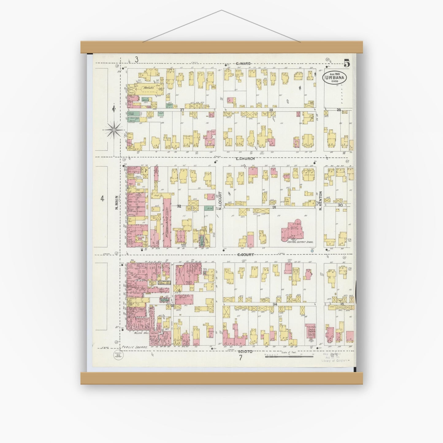 Old map wall art mockup — magnetic wood frame on white wall — Sanborn Fire Insurance Map from Urbana, Champaign County, Ohio (1901), Sheet #0005