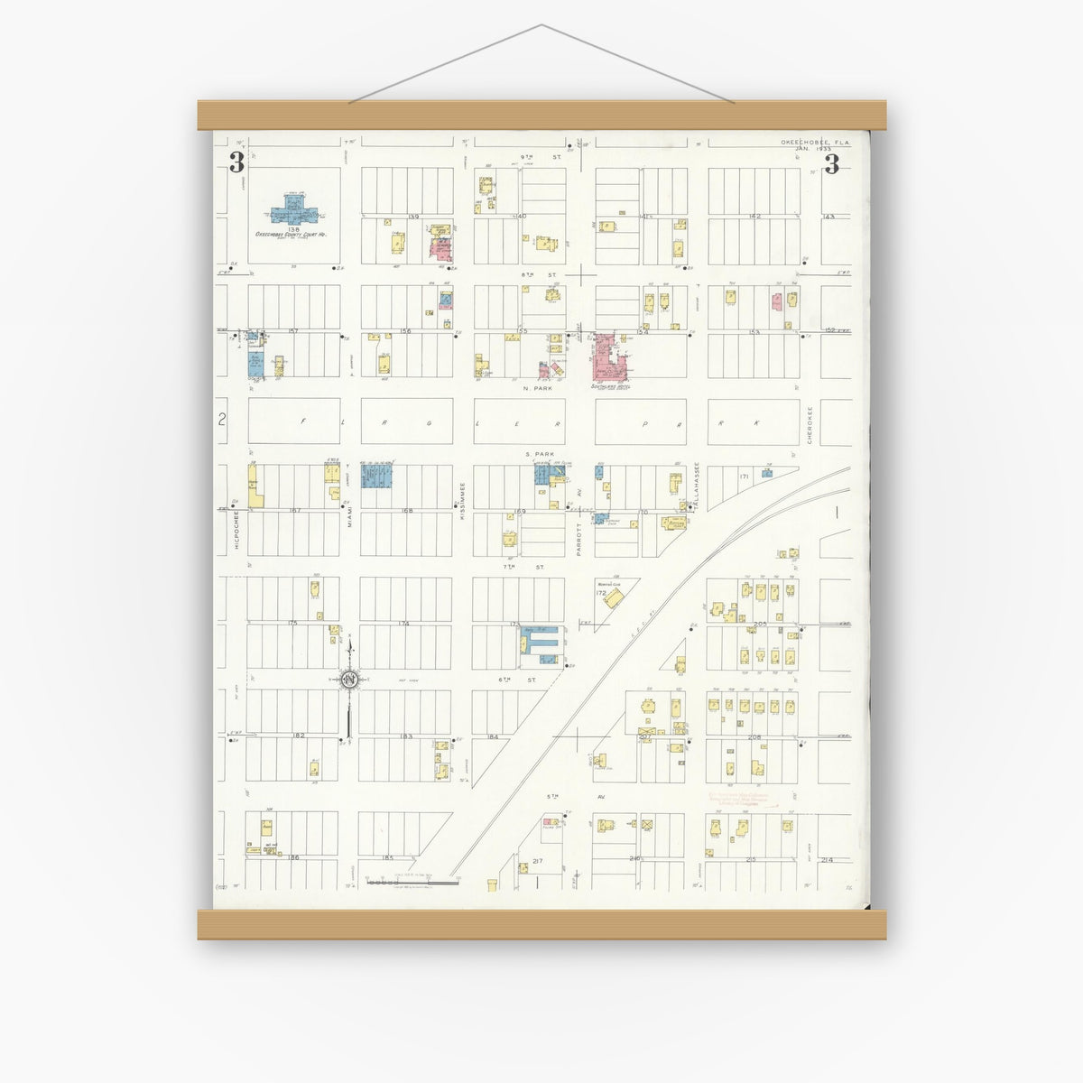 Old map wall art mockup — magnetic wood frame on white wall — Sanborn Fire Insurance Map from Okeechobee, Okeechobee County, Florida (1933), Sheet #0003