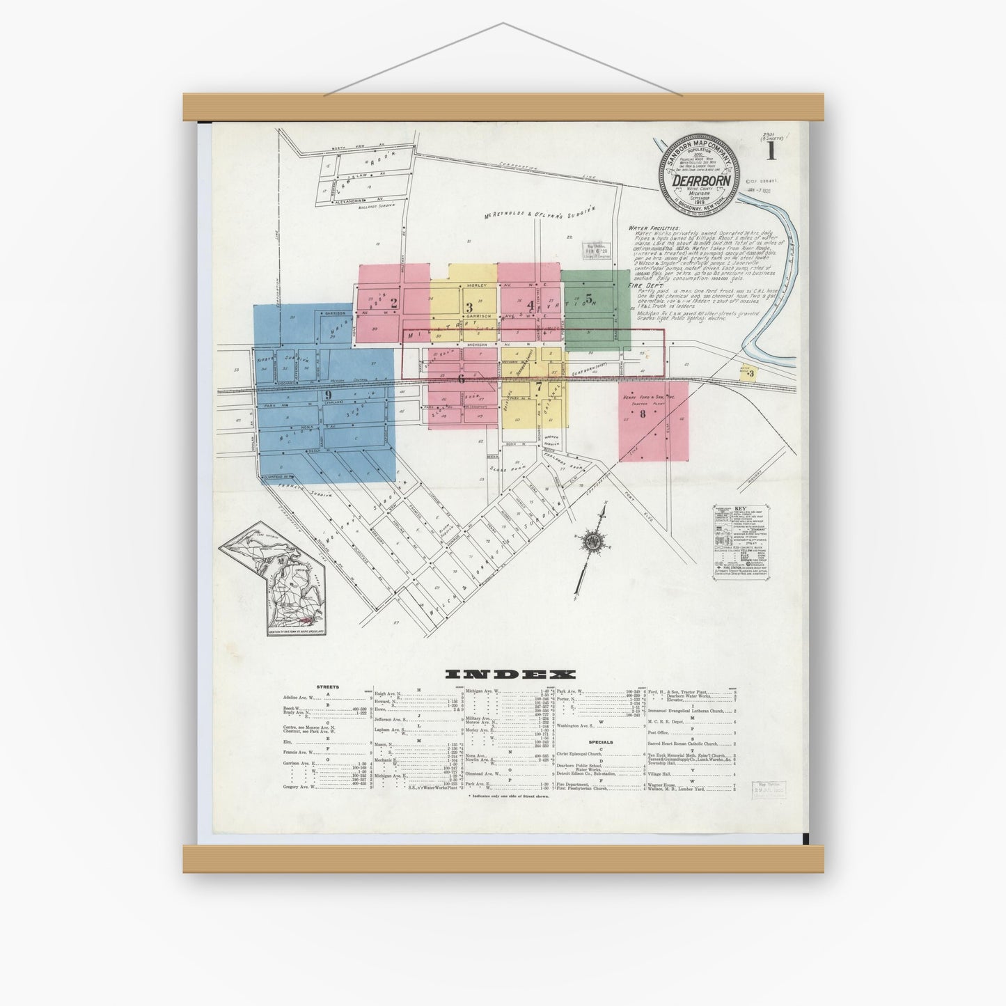 Old map wall art mockup — magnetic wood frame on white wall — Sanborn Fire Insurance Map from Dearborn, Wayne County, Michigan (1919), Sheet #0001