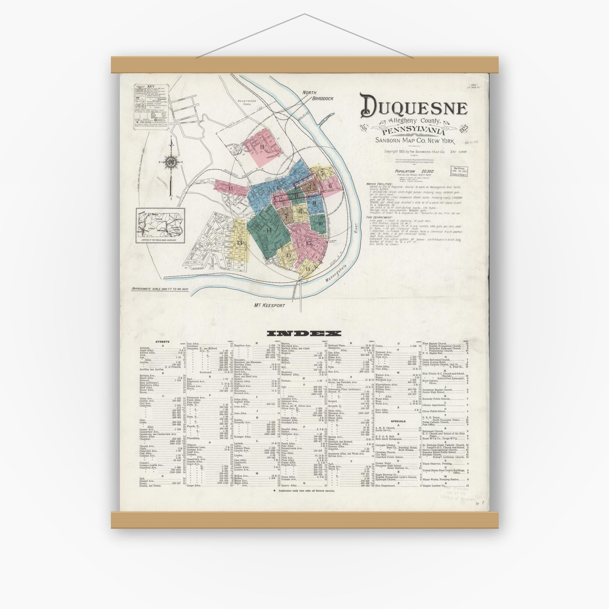 Old map wall art mockup — magnetic wood frame on white wall — Sanborn Fire Insurance Map from Duquesne, Allegheny County, Pennsylvania (1925), Sheet #0001