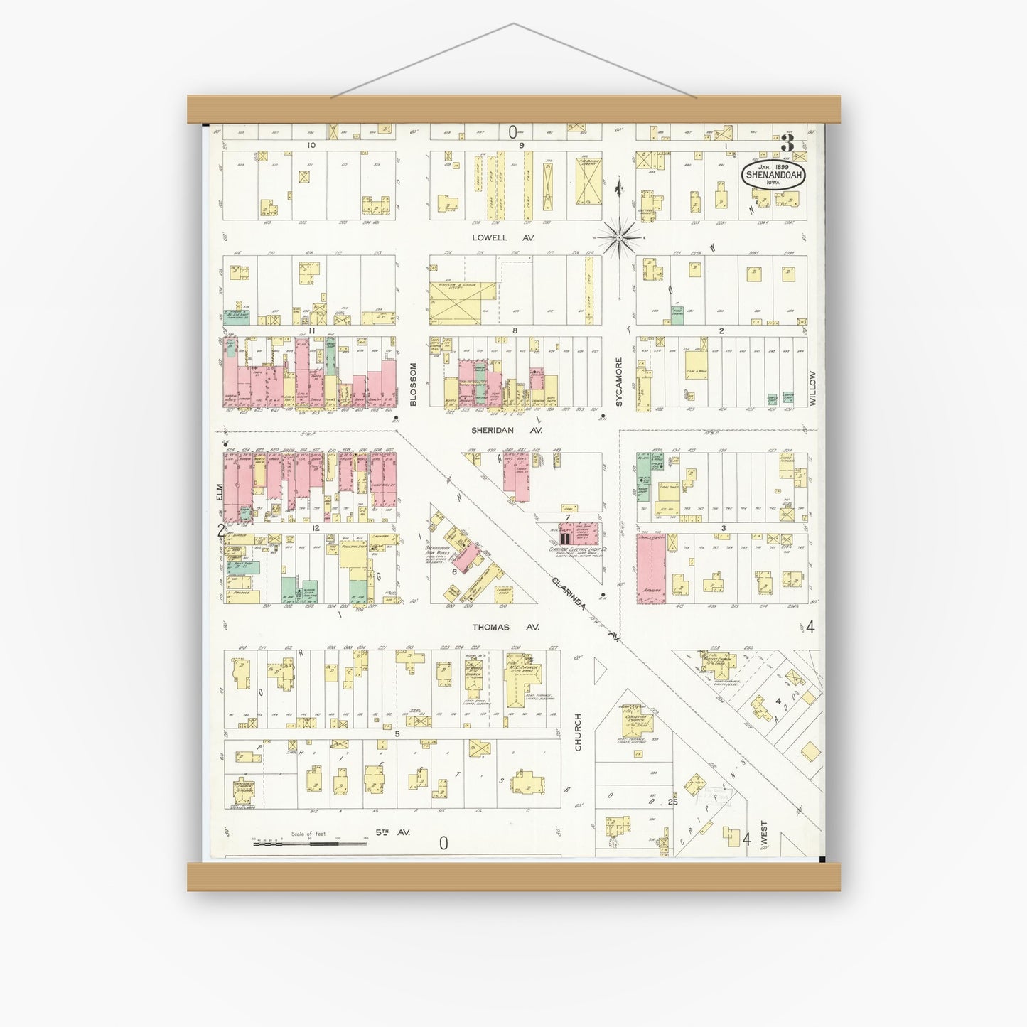 Old map wall art mockup — magnetic wood frame on white wall — Sanborn Fire Insurance Map from Shenandoah, Page County, Iowa (1899), Sheet #0003