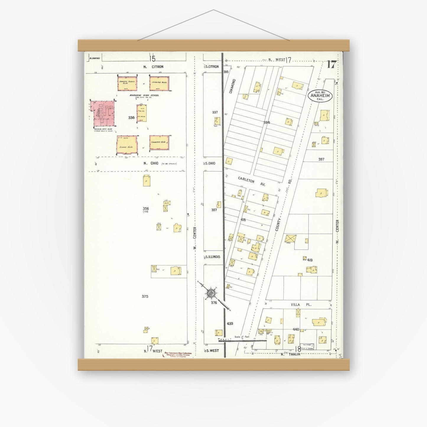 Old map wall art mockup — magnetic wood frame on white wall — Sanborn Fire Insurance Map from Anaheim, Orange County, California (1911), Sheet #0017