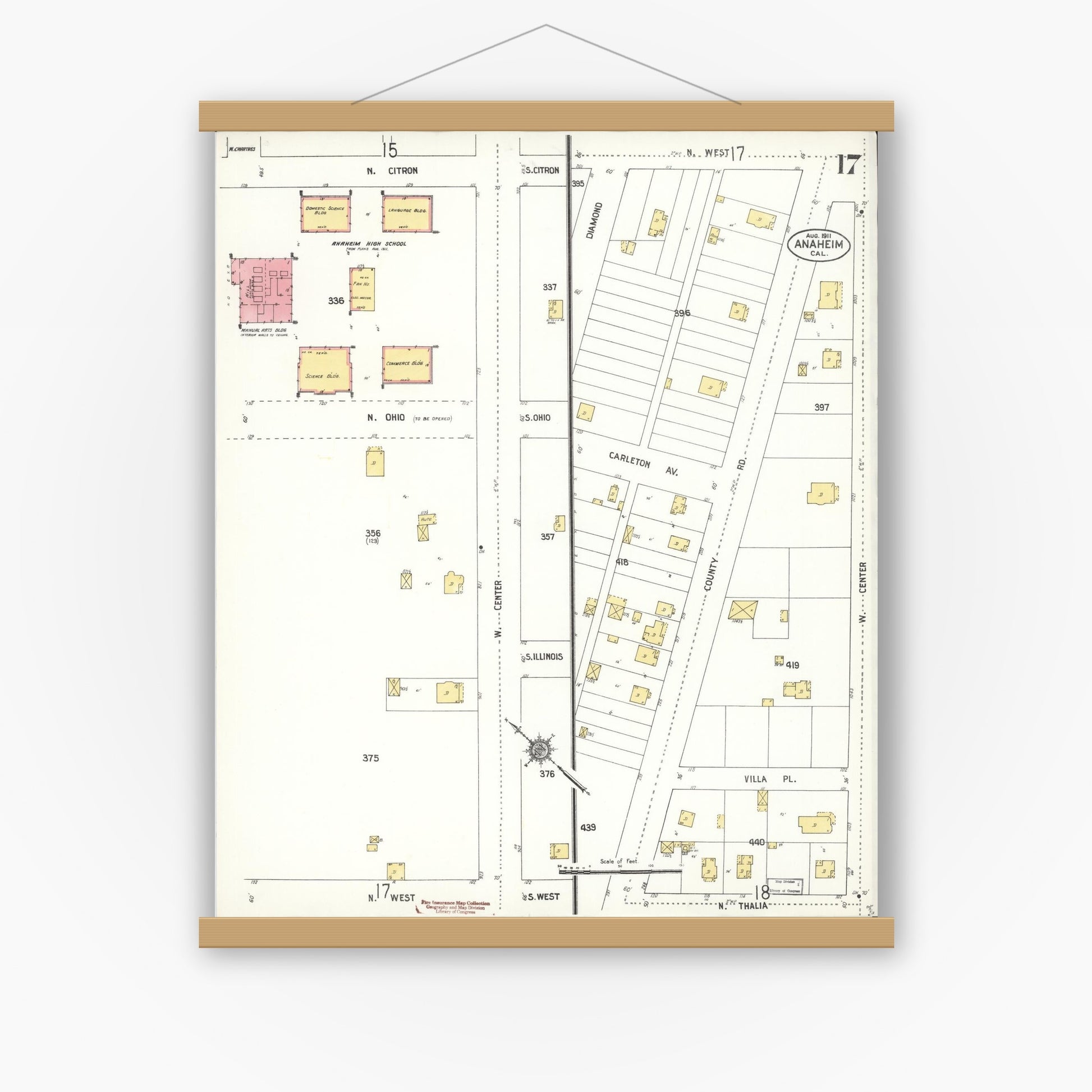 Old map wall art mockup — magnetic wood frame on white wall — Sanborn Fire Insurance Map from Anaheim, Orange County, California (1911), Sheet #0017