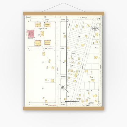 Old map wall art mockup — magnetic wood frame on white wall — Sanborn Fire Insurance Map from Anaheim, Orange County, California (1911), Sheet #0017