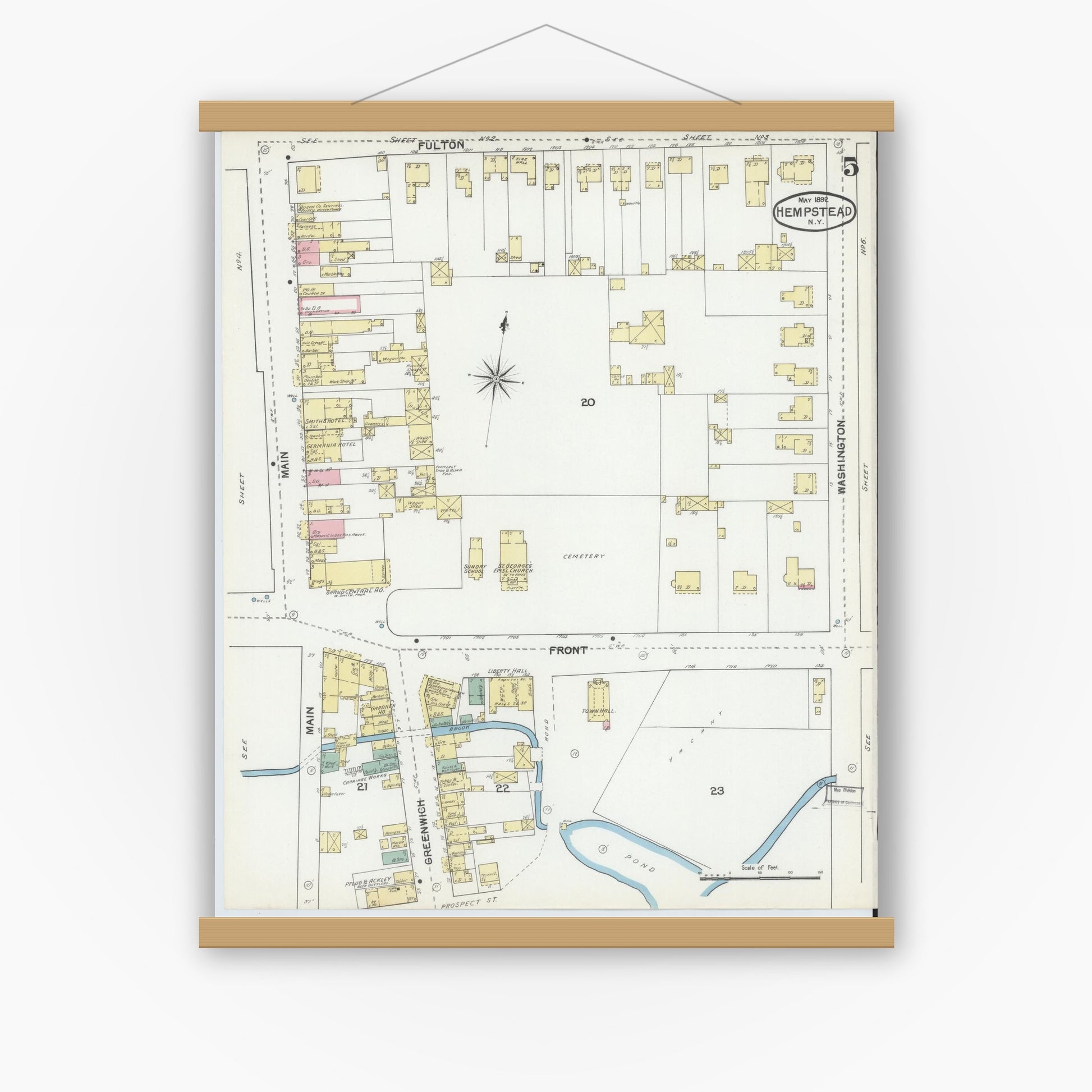 Old map wall art mockup — magnetic wood frame on white wall — Sanborn Fire Insurance Map from Hempstead, Nassau County, New York (1892), Sheet #0005