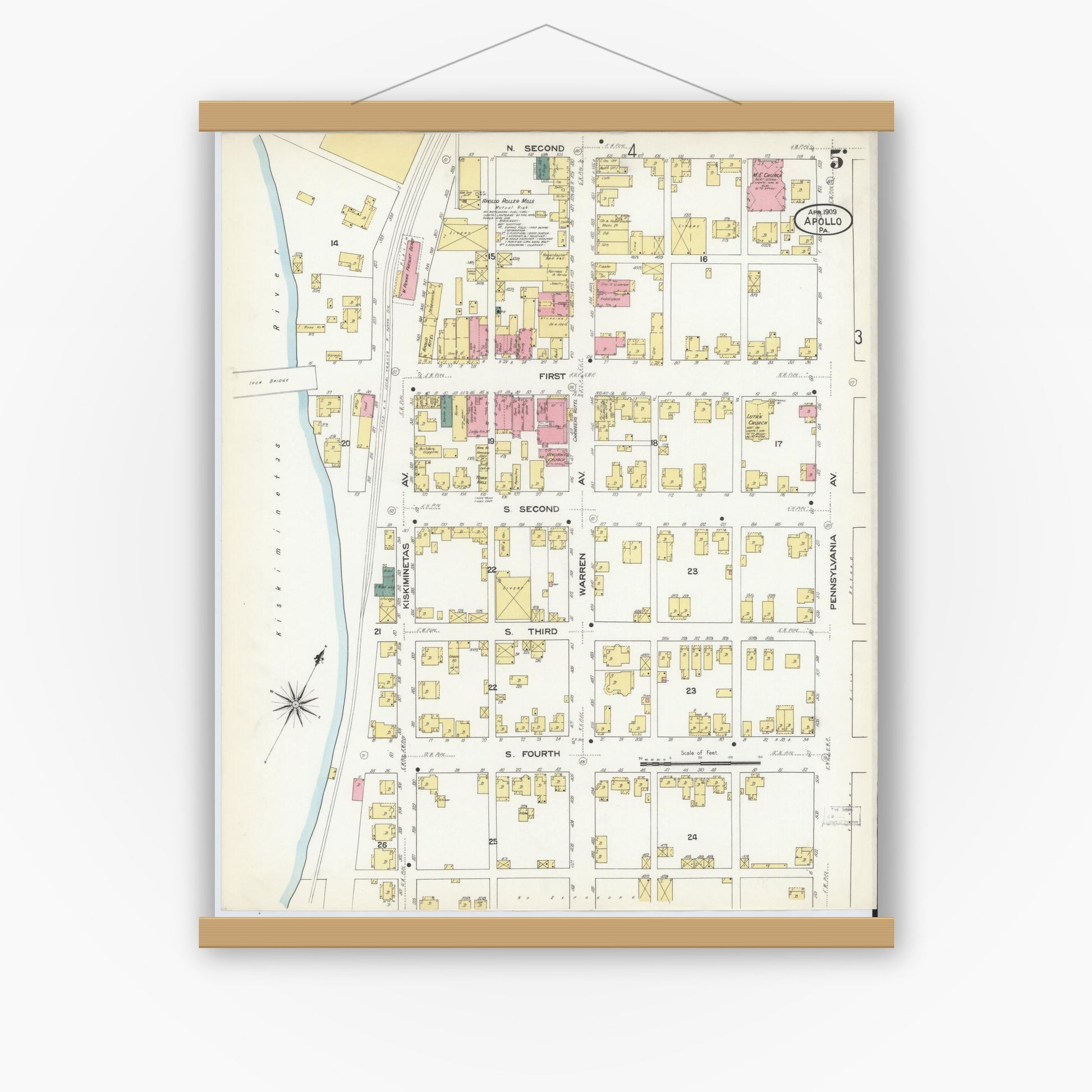 Old map wall art mockup — magnetic wood frame on white wall — Sanborn Fire Insurance Map from Apollo, Armstrong County, Pennsylvania (1909), Sheet #0005