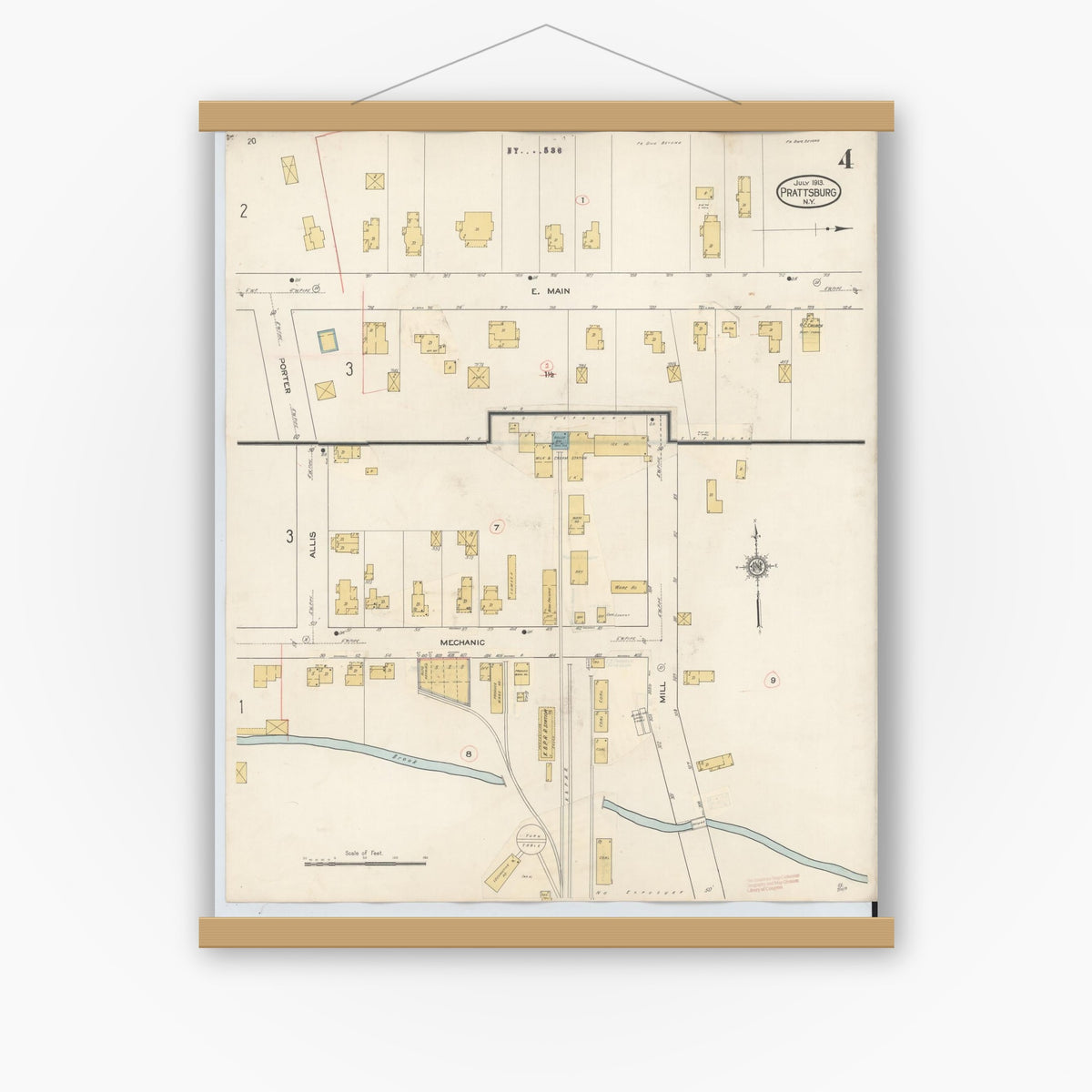 Old map wall art mockup — magnetic wood frame on white wall — Sanborn Fire Insurance Map from Prattsburgh, Steuben County, New York (1934), Sheet #0004