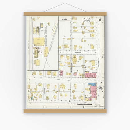 Old map wall art mockup — magnetic wood frame on white wall — Sanborn Fire Insurance Map from San Marcos, Hays County, Texas (1906), Sheet #0002