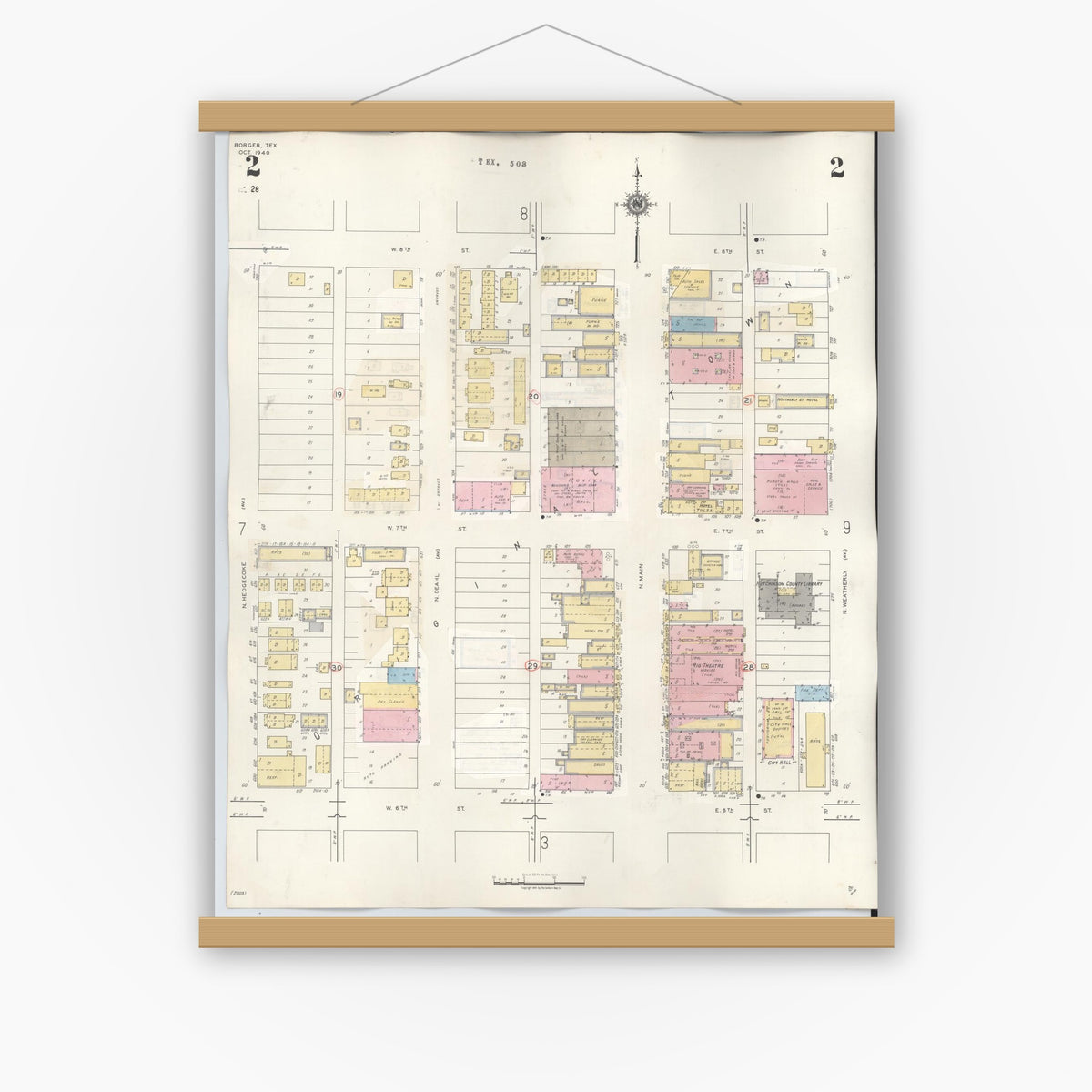 Old map wall art mockup — magnetic wood frame on white wall — Sanborn Fire Insurance Map from Borger, Hutchinson County, Texas (1950), Sheet #0002