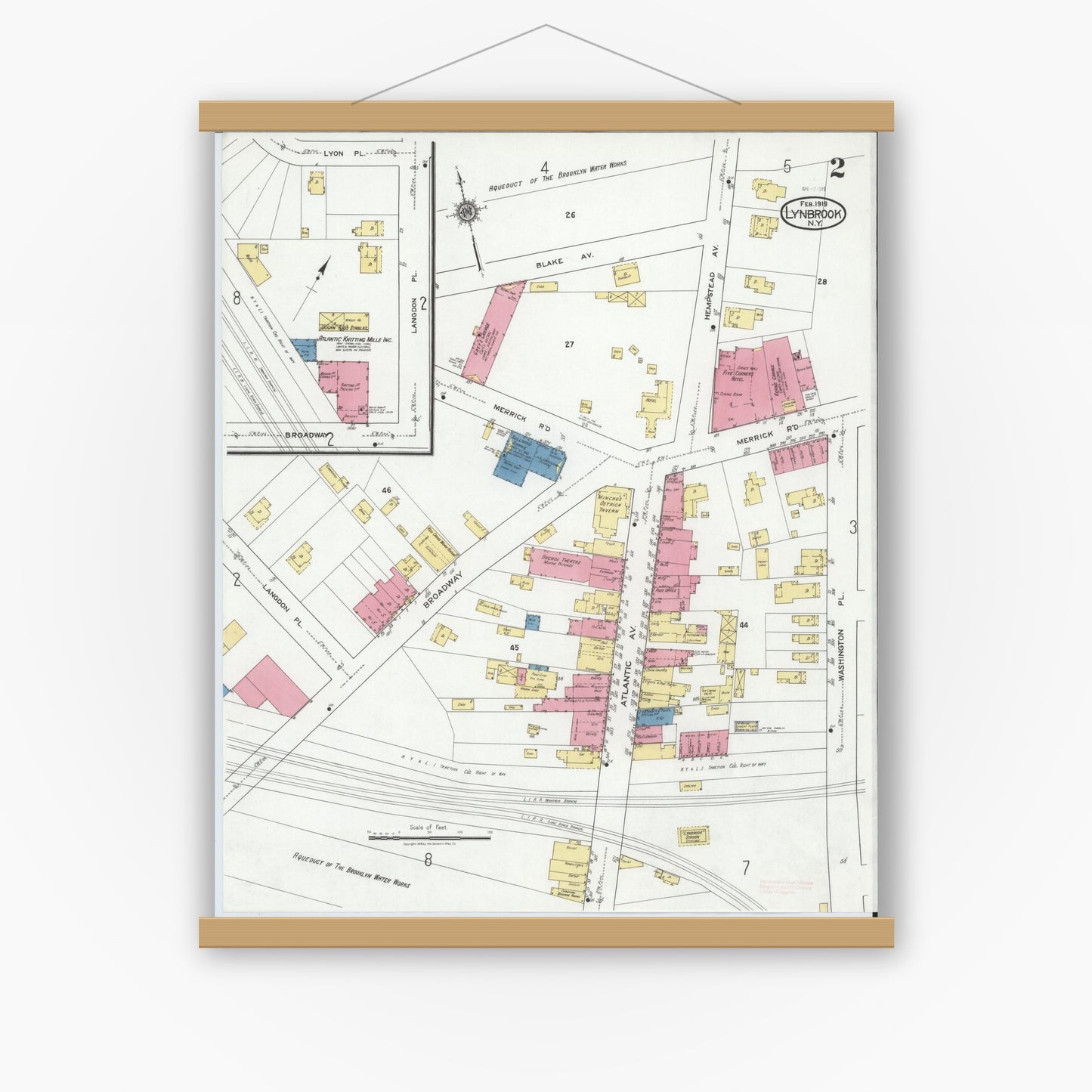Old map wall art mockup — magnetic wood frame on white wall — Sanborn Fire Insurance Map from Lynbrook, Nassau County, New York (1919), Sheet #0002
