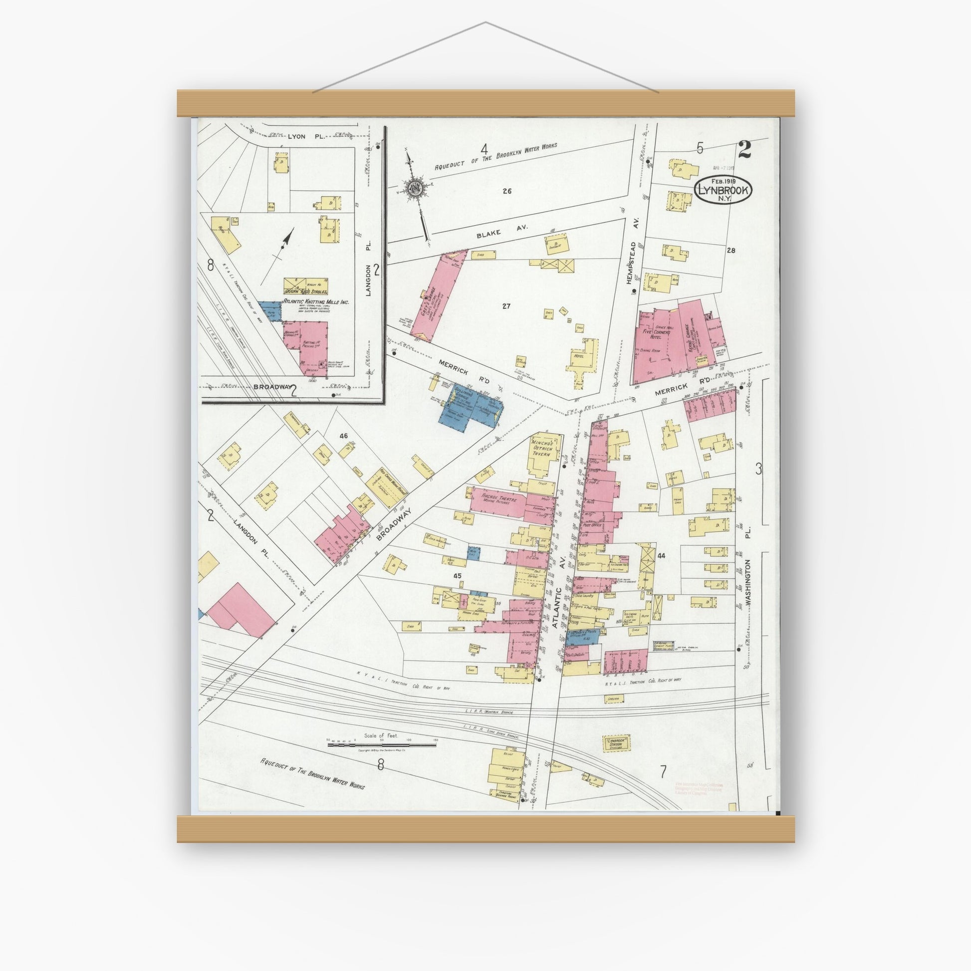 Old map wall art mockup — magnetic wood frame on white wall — Sanborn Fire Insurance Map from Lynbrook, Nassau County, New York (1919), Sheet #0002