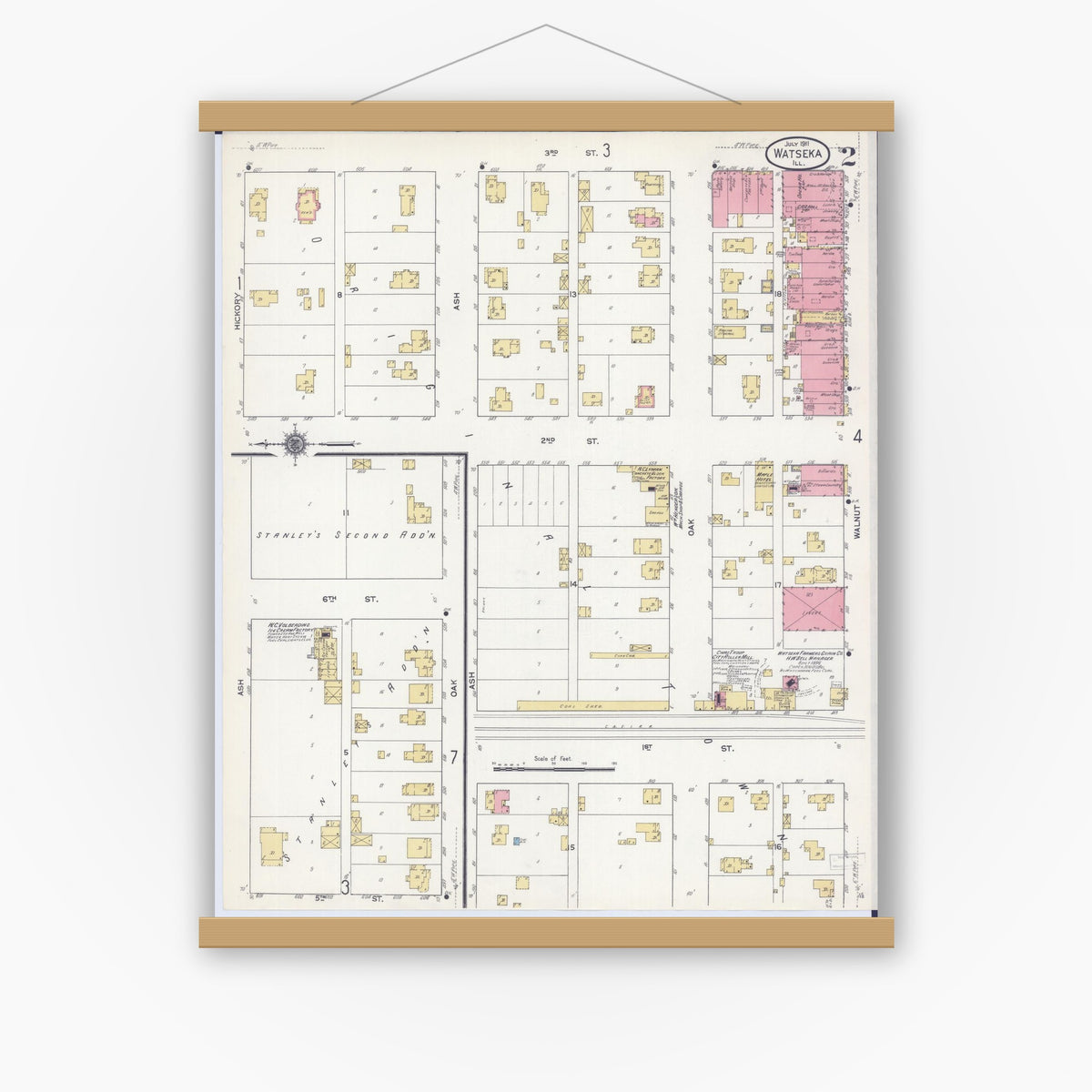 Old map wall art mockup — magnetic wood frame on white wall — Sanborn Fire Insurance Map from Watseka, Iroquois County, Illinois (1911), Sheet #0002