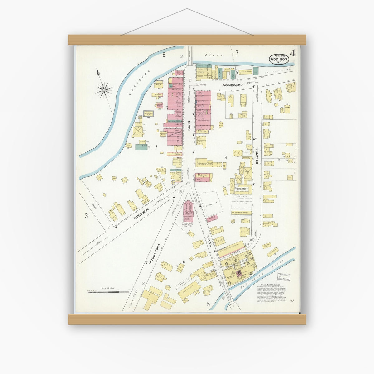 Old map wall art mockup — magnetic wood frame on white wall — Sanborn Fire Insurance Map from Addison, Steuben County, New York (1909), Sheet #0004