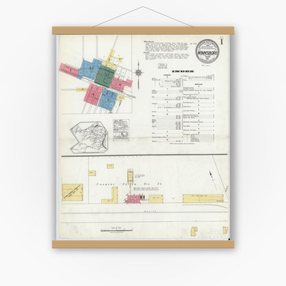 Old map wall art mockup — magnetic wood frame on white wall — Sanborn Fire Insurance Map from Winnsboro, Wood County, Texas (1921), Sheet #0001