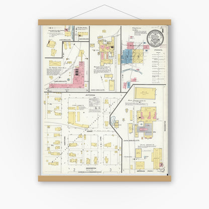 Old map wall art mockup — magnetic wood frame on white wall — Sanborn Fire Insurance Map from Eaton, Delaware County, Indiana (1910) - Complete Map Set