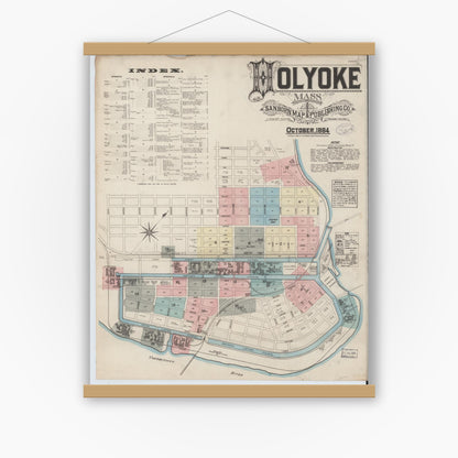 Old map wall art mockup — magnetic wood frame on white wall — Sanborn Fire Insurance Map from Holyoke, Hampden County, Massachusetts (1884) - Complete Map Set