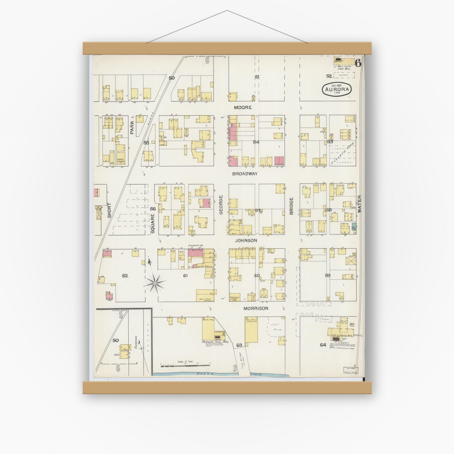 Old map wall art mockup — magnetic wood frame on white wall — Sanborn Fire Insurance Map from Aurora, Dearborn County, Indiana (1892), Sheet #0006