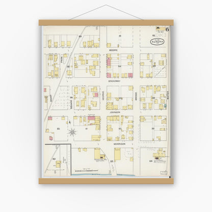 Old map wall art mockup — magnetic wood frame on white wall — Sanborn Fire Insurance Map from Aurora, Dearborn County, Indiana (1892), Sheet #0006