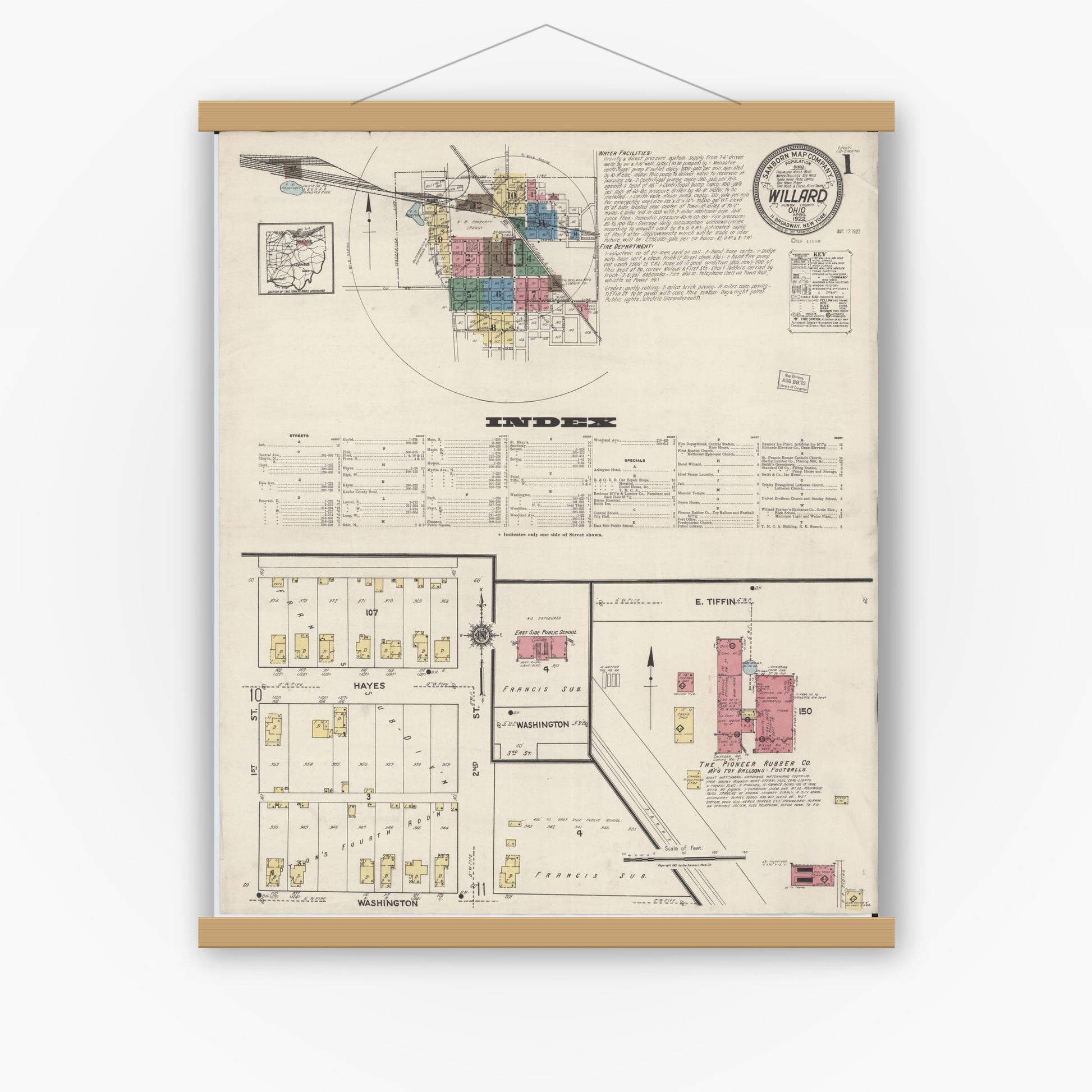 Old map wall art mockup — magnetic wood frame on white wall — Sanborn Fire Insurance Map from Willard, Huron County, Ohio (1922), Sheet #0001
