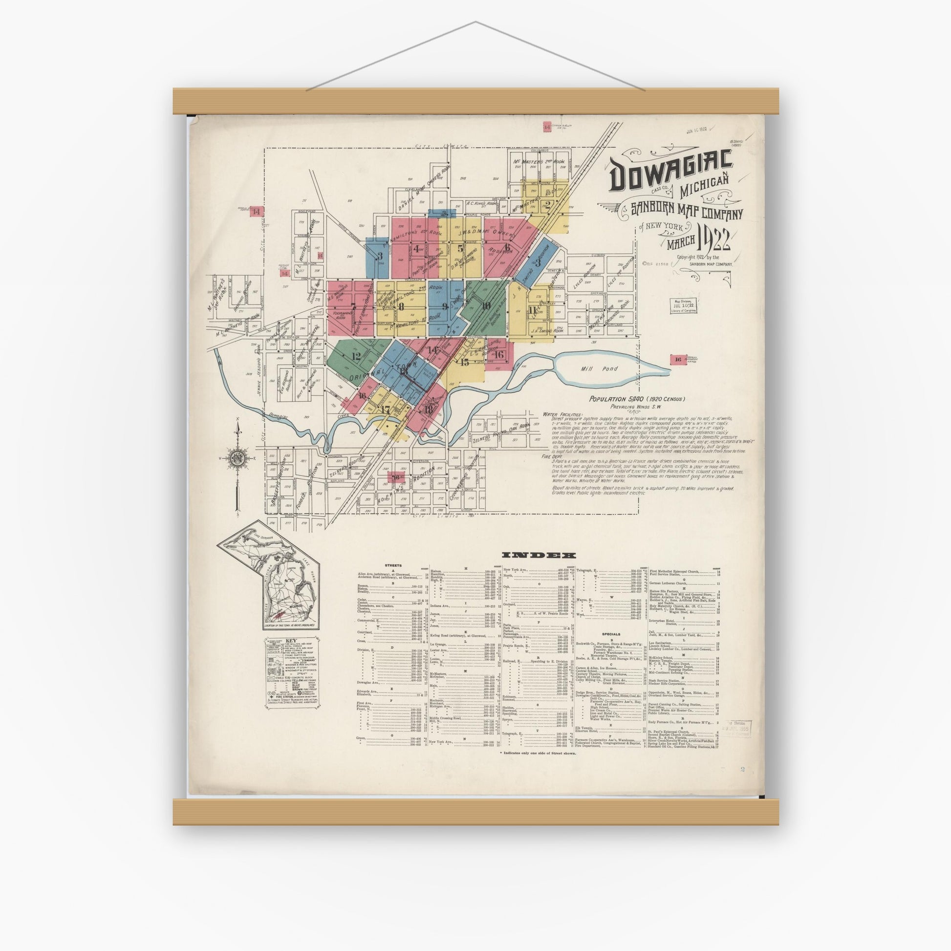 Old map wall art mockup — magnetic wood frame on white wall — Sanborn Fire Insurance Map from Dowagiac, Cass County, Michigan (1922), Sheet #0001