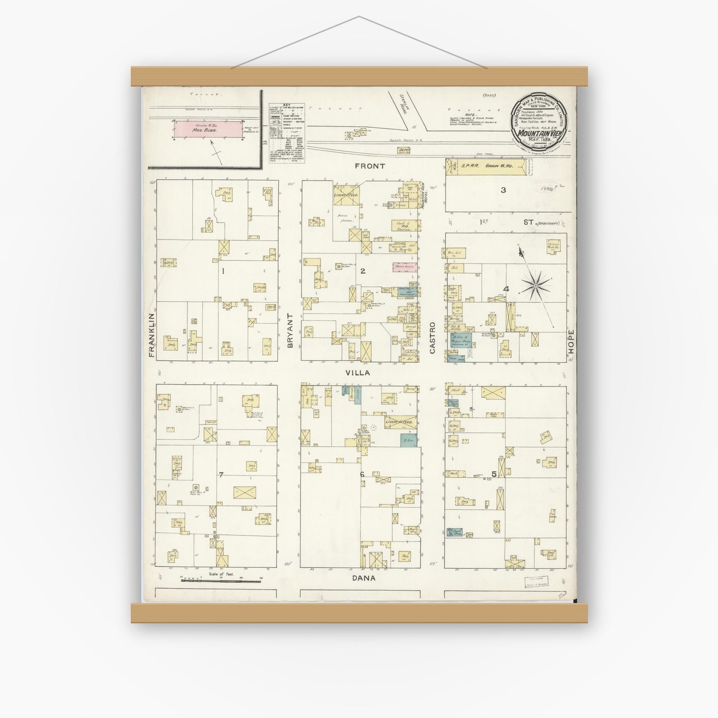 Old map wall art mockup — magnetic wood frame on white wall — Sanborn Fire Insurance Map from Mountain View, Santa Clara County, California (1888), Sheet #0001