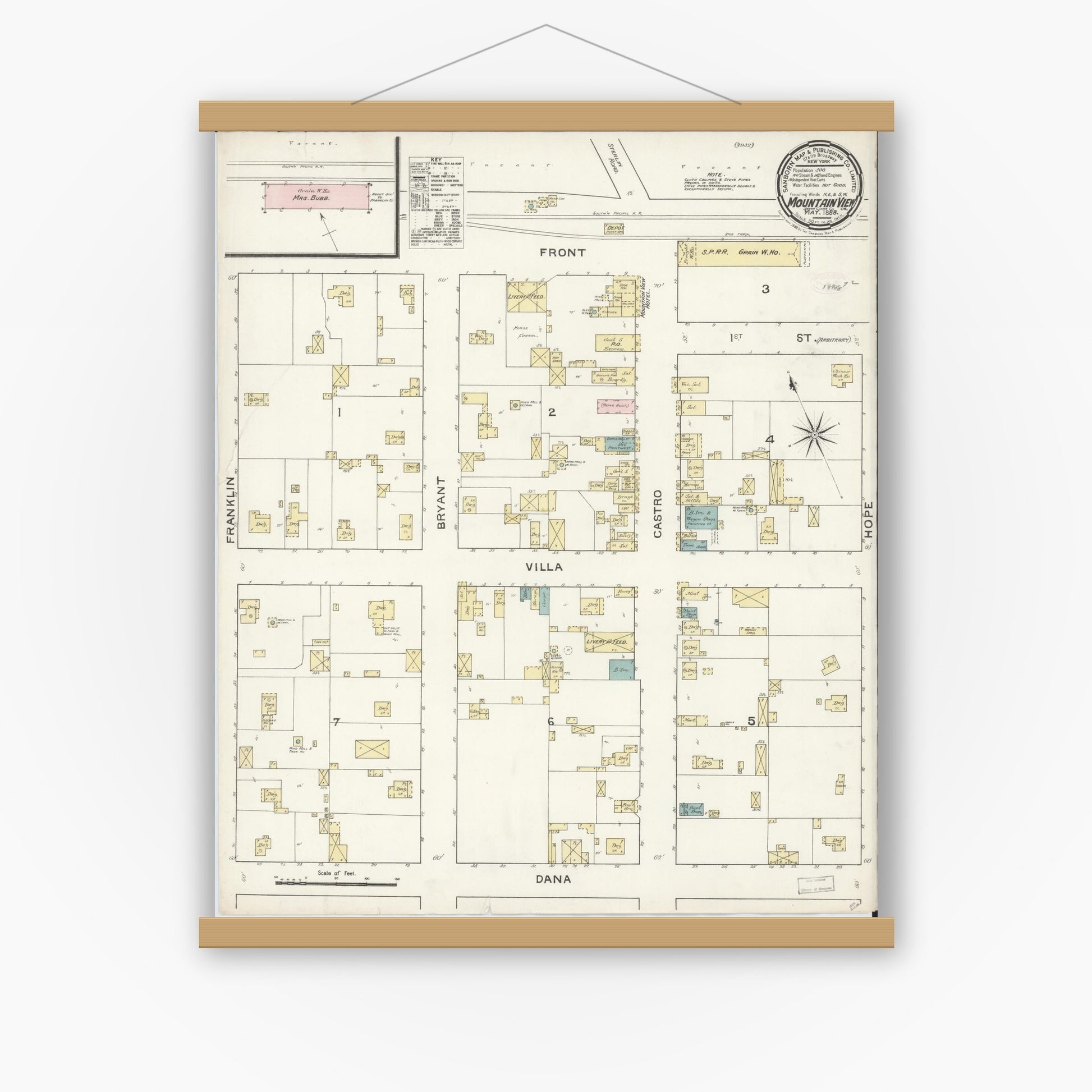 Old map wall art mockup — magnetic wood frame on white wall — Sanborn Fire Insurance Map from Mountain View, Santa Clara County, California (1888), Sheet #0001