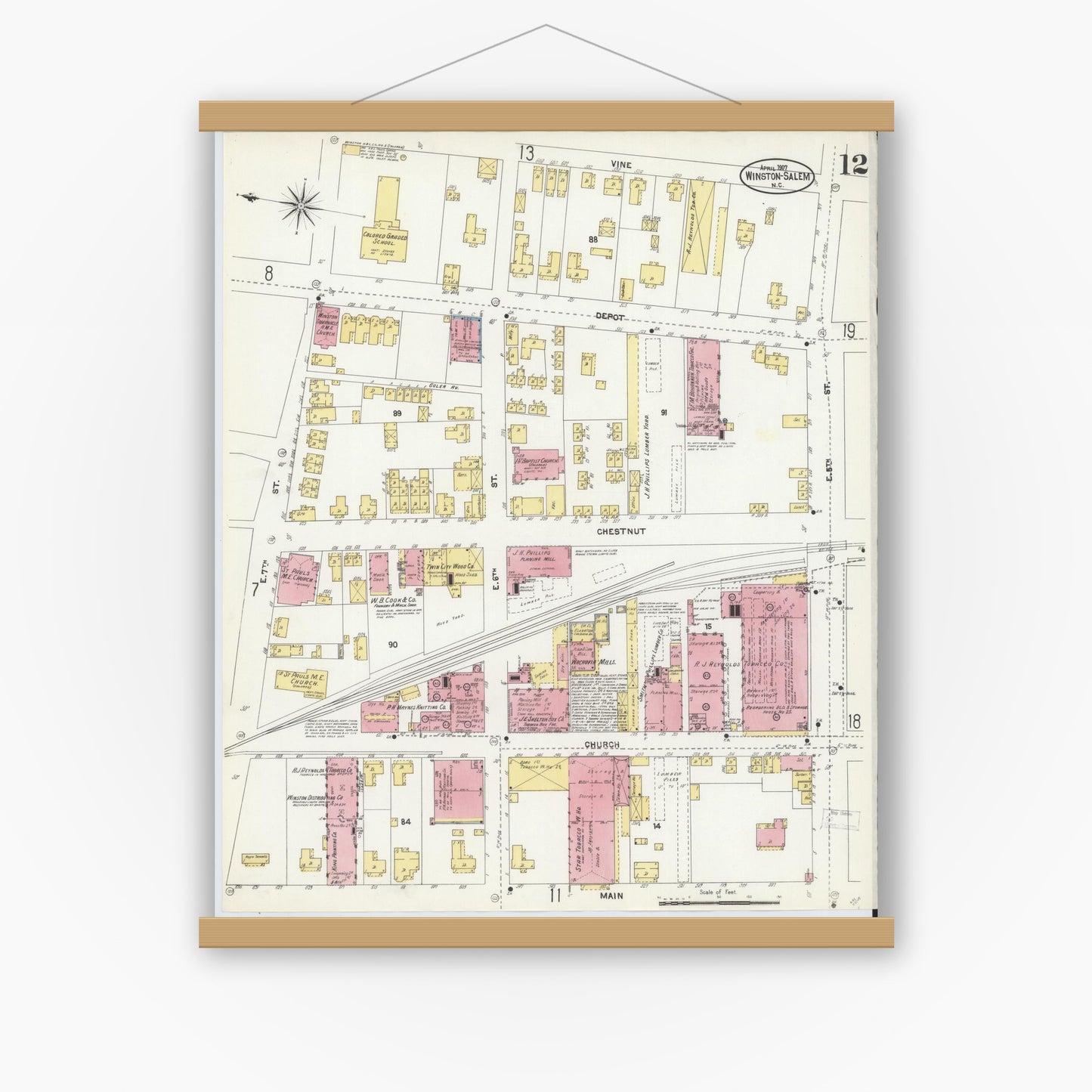 Old map wall art mockup — magnetic wood frame on white wall — Sanborn Fire Insurance Map from Winston-Salem, Forsyth County, North Carolina (1907), Sheet #0012