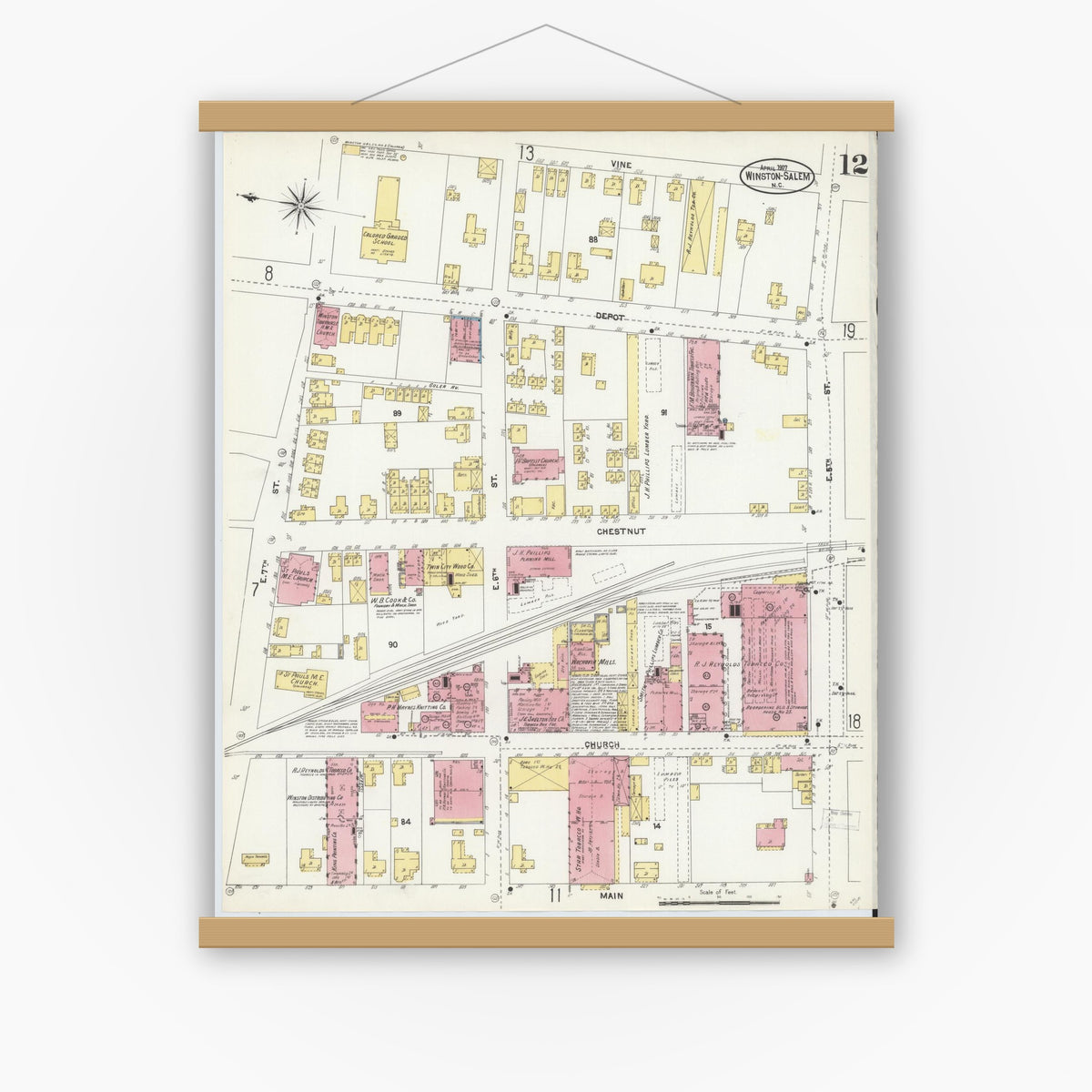 Old map wall art mockup — magnetic wood frame on white wall — Sanborn Fire Insurance Map from Winston-Salem, Forsyth County, North Carolina (1907), Sheet #0012