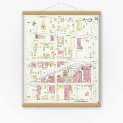 Old map wall art mockup — magnetic wood frame on white wall — Sanborn Fire Insurance Map from Winston-Salem, Forsyth County, North Carolina (1907), Sheet #0012