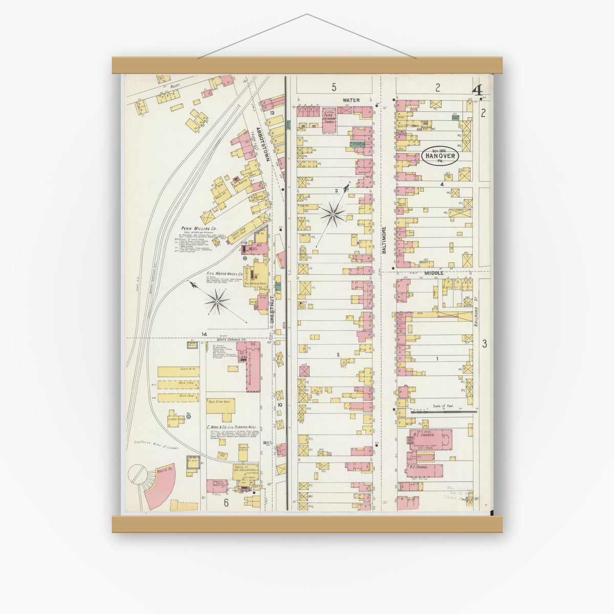 Old map wall art mockup — magnetic wood frame on white wall — Sanborn Fire Insurance Map from Hanover, York County, Pennsylvania (1902), Sheet #0004