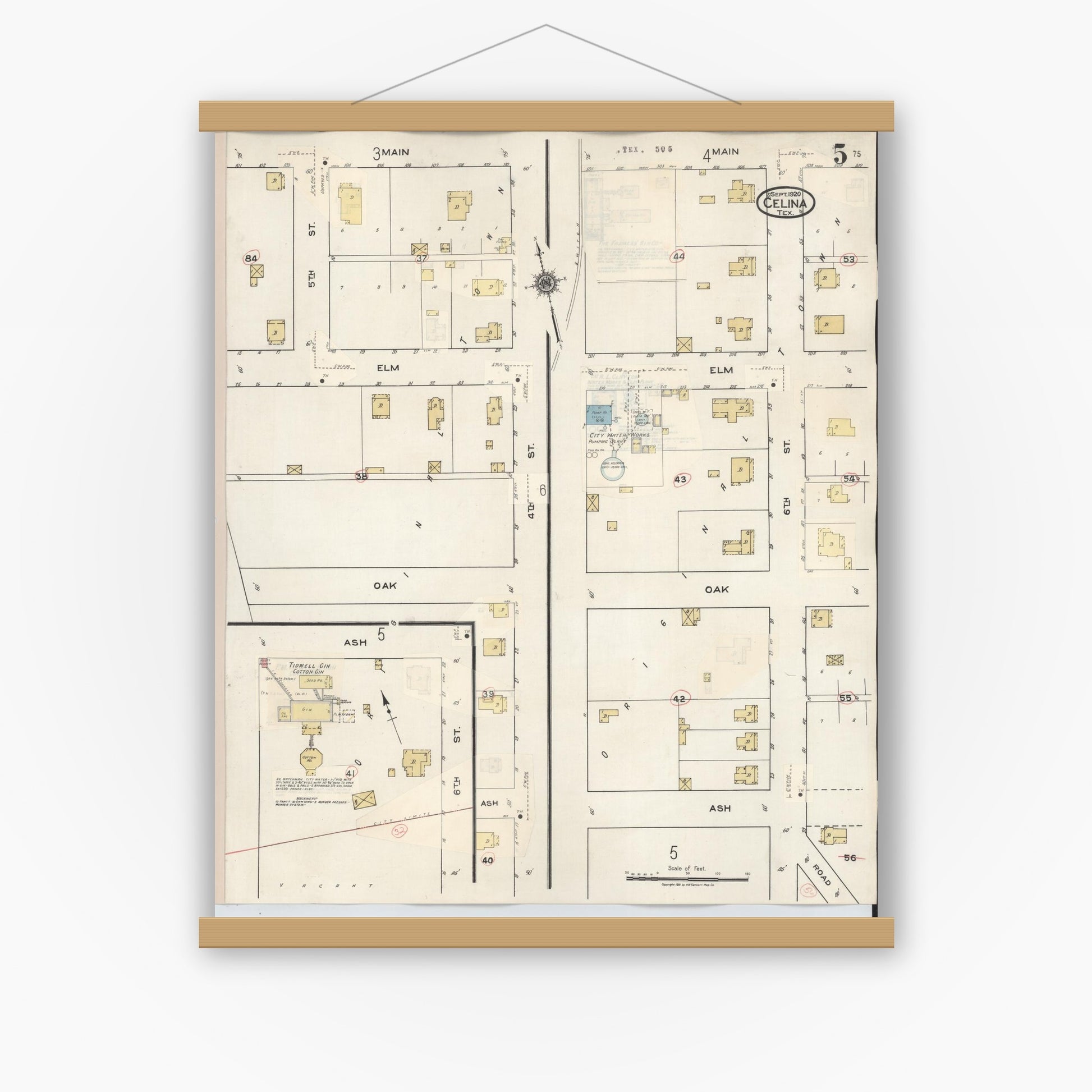 Old map wall art mockup — magnetic wood frame on white wall — Sanborn Fire Insurance Map from Celina, Collin County, Texas (1944), Sheet #0005