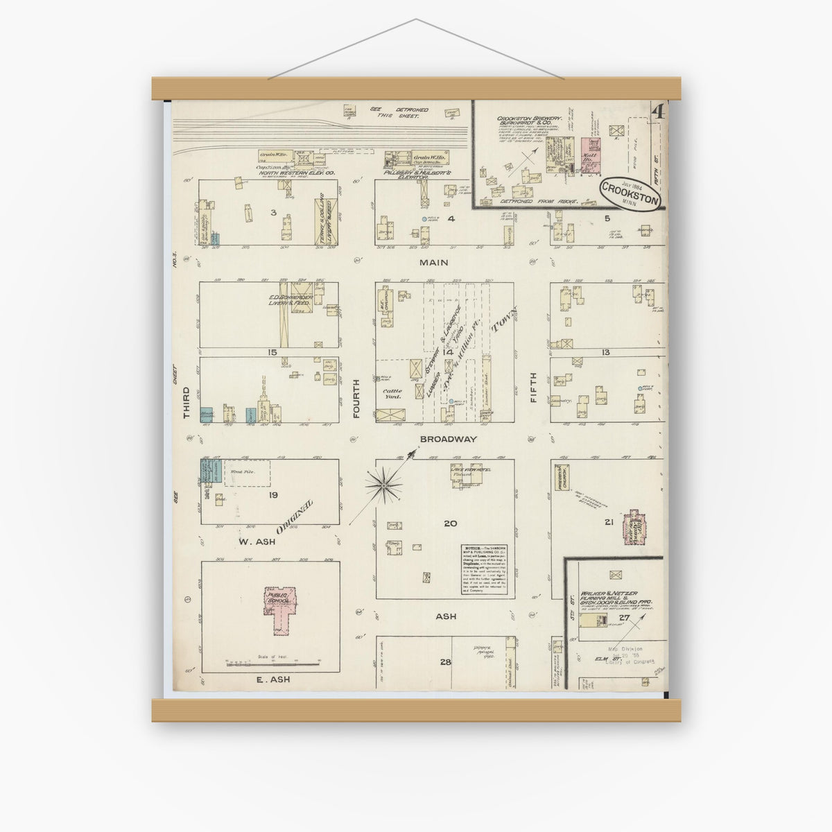 Old map wall art mockup — magnetic wood frame on white wall — Sanborn Fire Insurance Map from Crookston, Polk County, Minnesota (1884), Sheet #0004