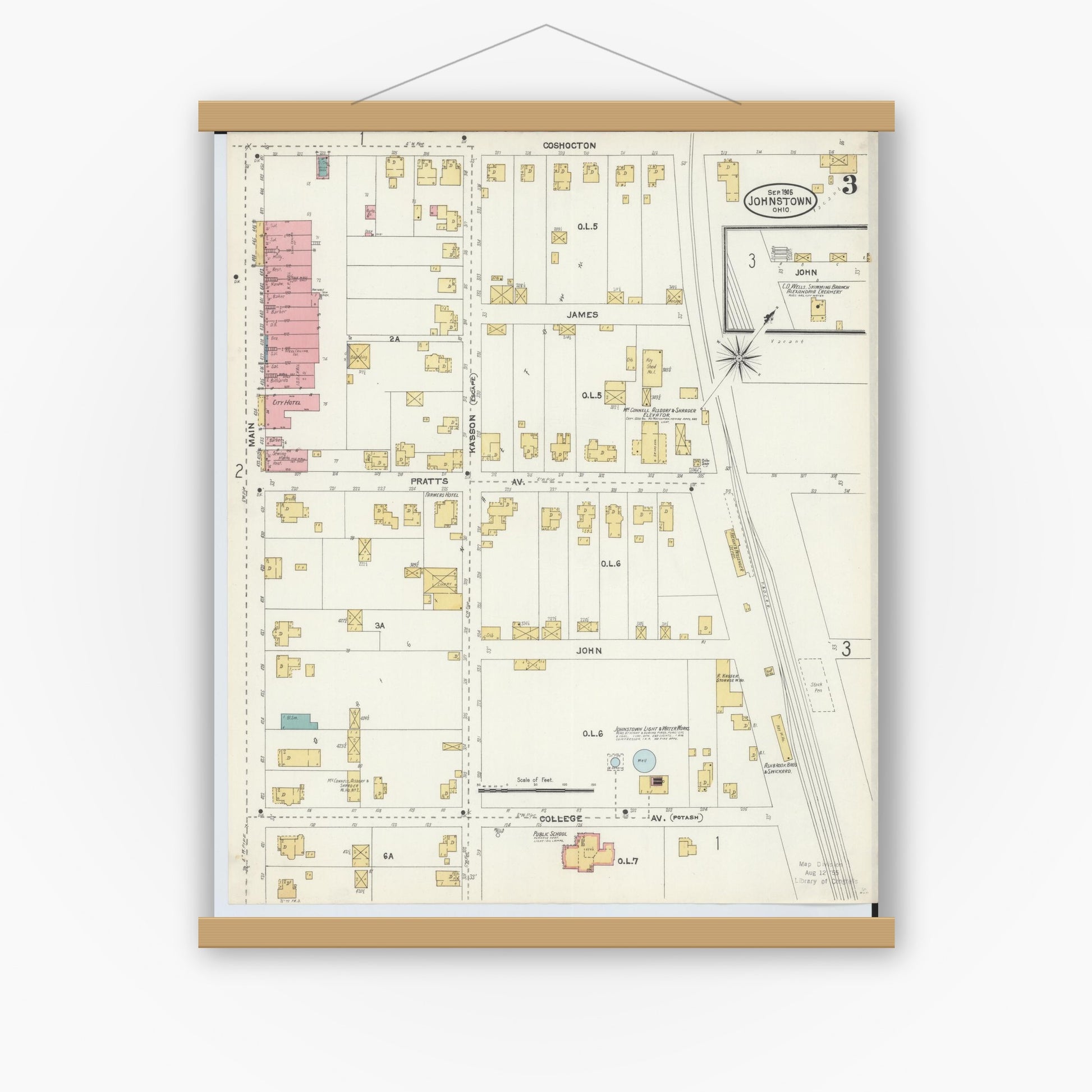 Old map wall art mockup — magnetic wood frame on white wall — Sanborn Fire Insurance Map from Johnstown, Licking County, Ohio (1905), Sheet #0003