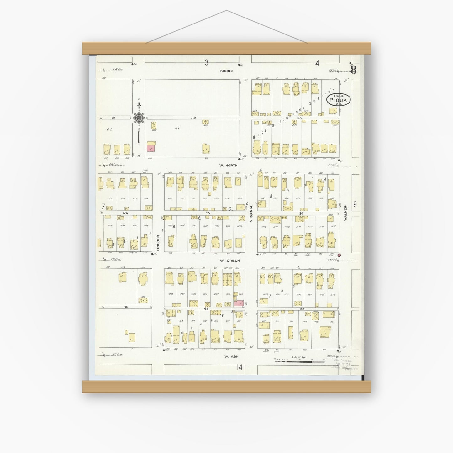 Old map wall art mockup — magnetic wood frame on white wall — Sanborn Fire Insurance Map from Piqua, Miami County, Ohio (1911), Sheet #0008
