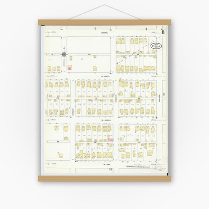 Old map wall art mockup — magnetic wood frame on white wall — Sanborn Fire Insurance Map from Piqua, Miami County, Ohio (1911), Sheet #0008