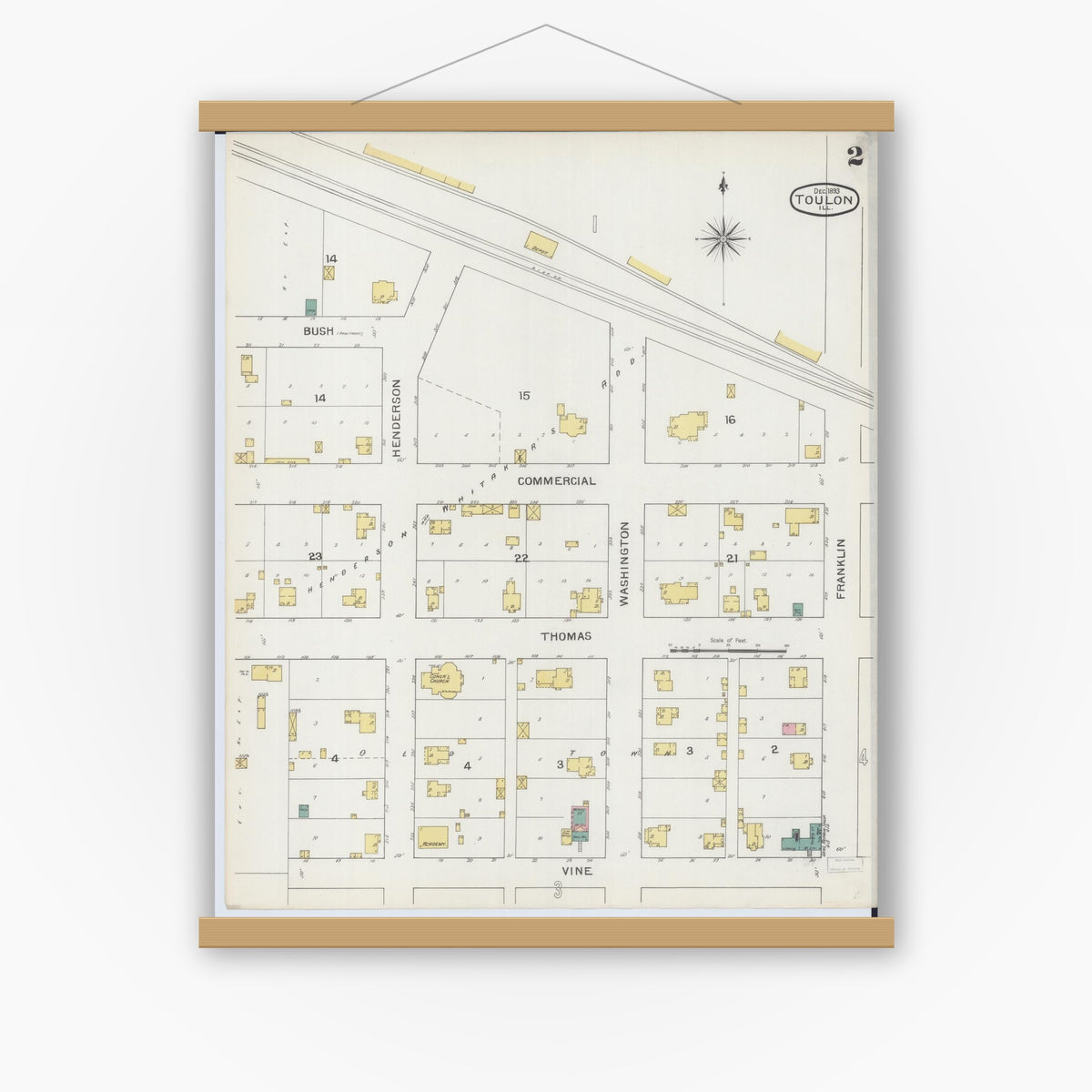 Old map wall art mockup — magnetic wood frame on white wall — Sanborn Fire Insurance Map from Toulon, Stark County, Illinois (1893), Sheet #0002