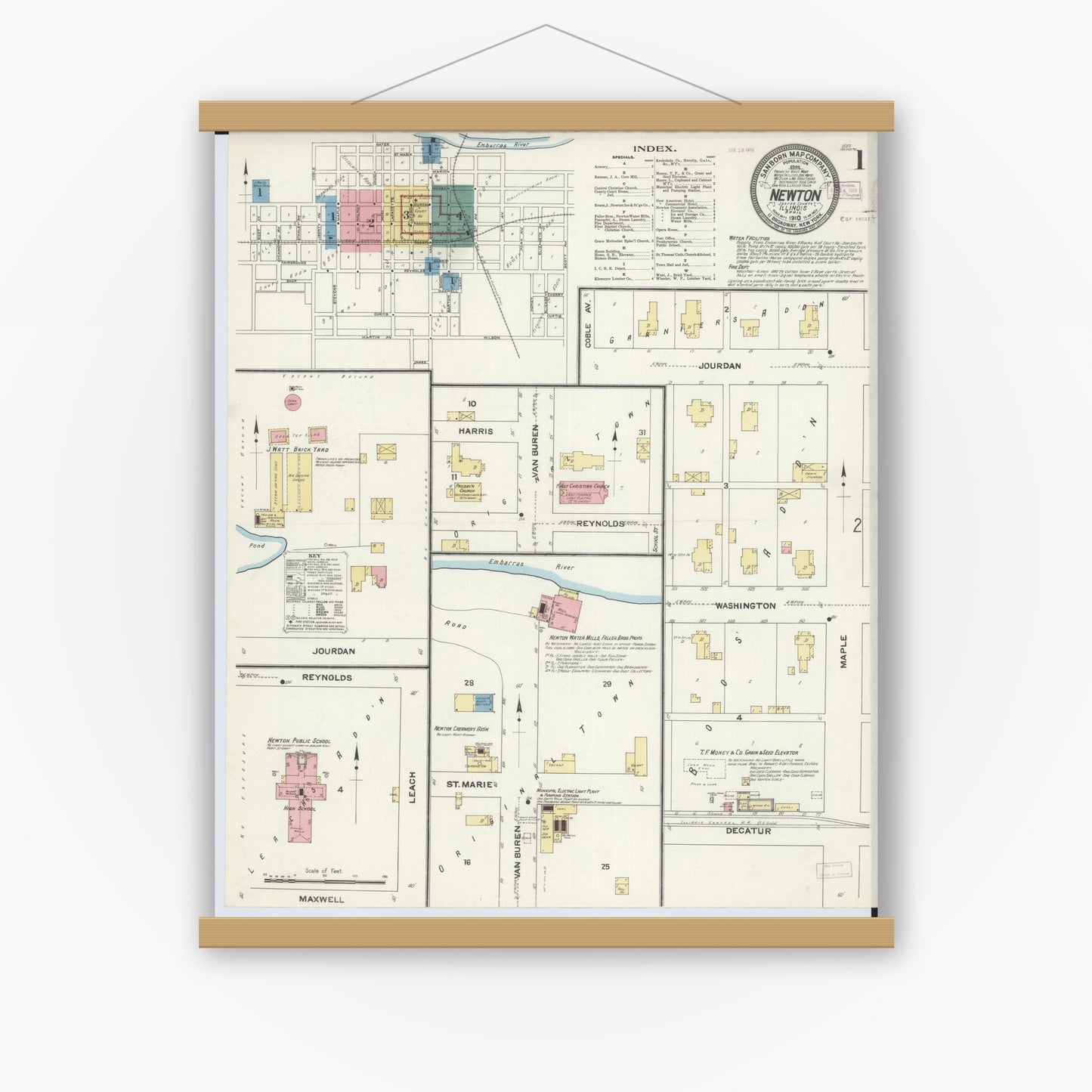 Old map wall art mockup — magnetic wood frame on white wall — Sanborn Fire Insurance Map from Newton, Jasper County, Illinois (1910) - Complete Map Set