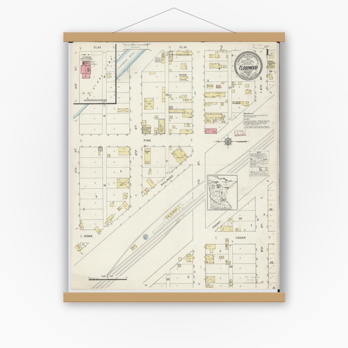 Old map wall art mockup — magnetic wood frame on white wall — Sanborn Fire Insurance Map from Floodwood, Saint Louis County, Minnesota (1913) - Complete Map Set