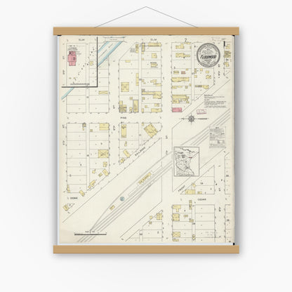 Old map wall art mockup — magnetic wood frame on white wall — Sanborn Fire Insurance Map from Floodwood, Saint Louis County, Minnesota (1913) - Complete Map Set