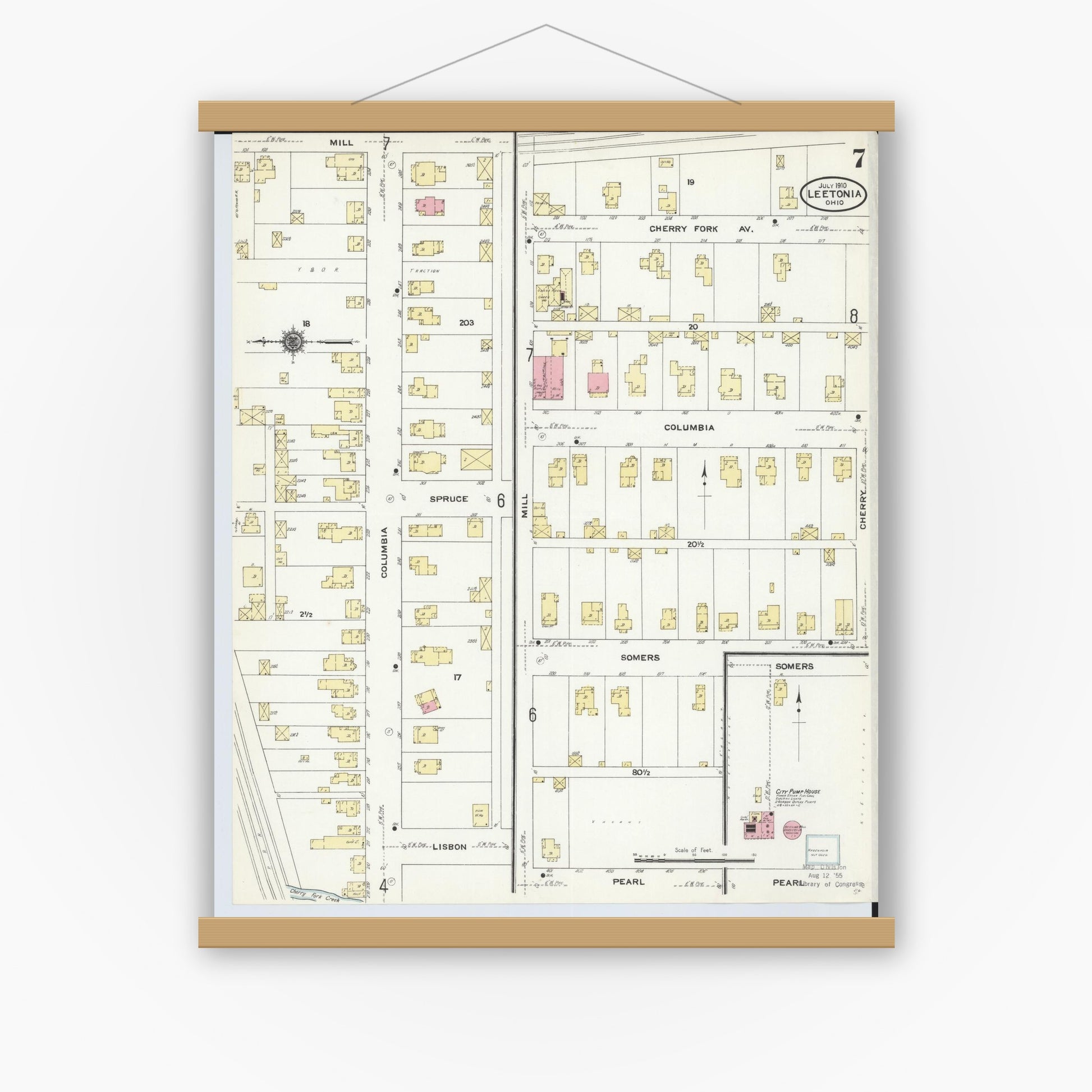 Old map wall art mockup — magnetic wood frame on white wall — Sanborn Fire Insurance Map from Leetonia, Columbiana County, Ohio (1910), Sheet #0007