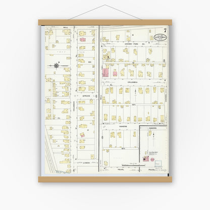 Old map wall art mockup — magnetic wood frame on white wall — Sanborn Fire Insurance Map from Leetonia, Columbiana County, Ohio (1910), Sheet #0007