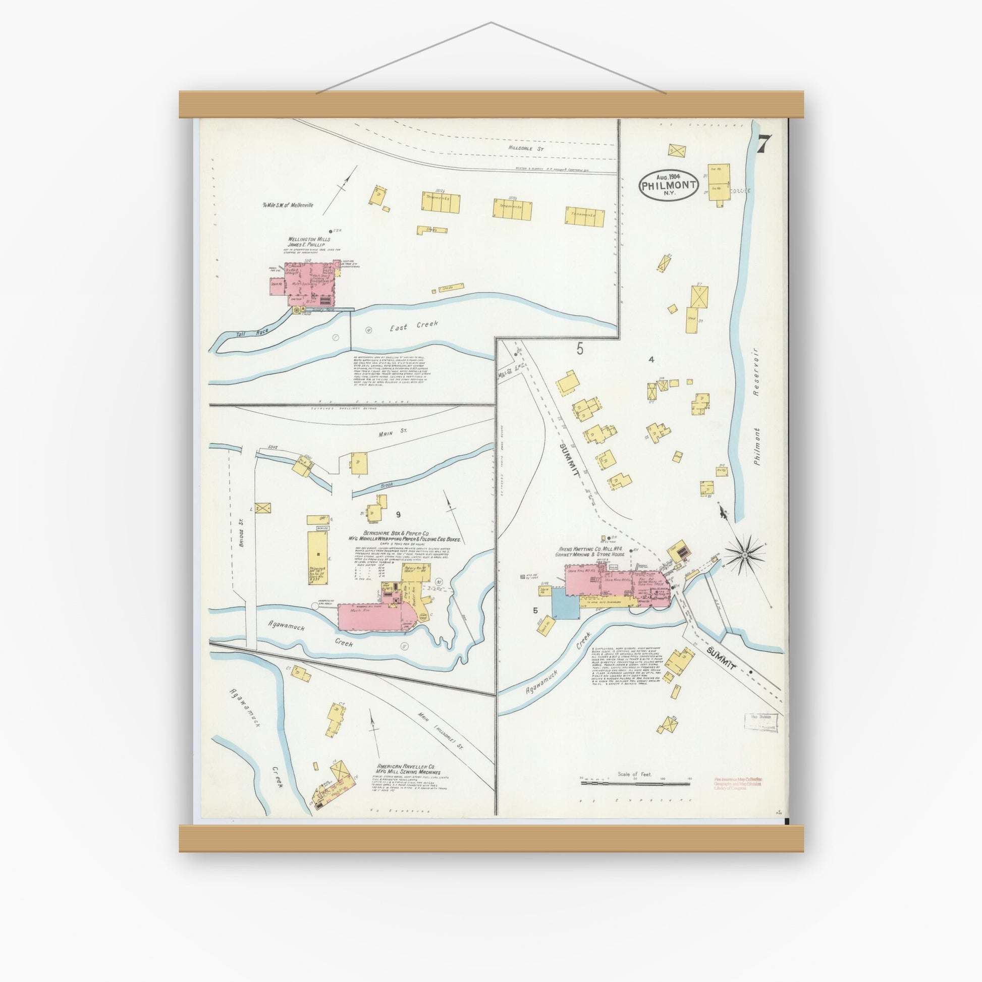 Old map wall art mockup — magnetic wood frame on white wall — Sanborn Fire Insurance Map from Philmont, Columbia County, New York (1904), Sheet #0007