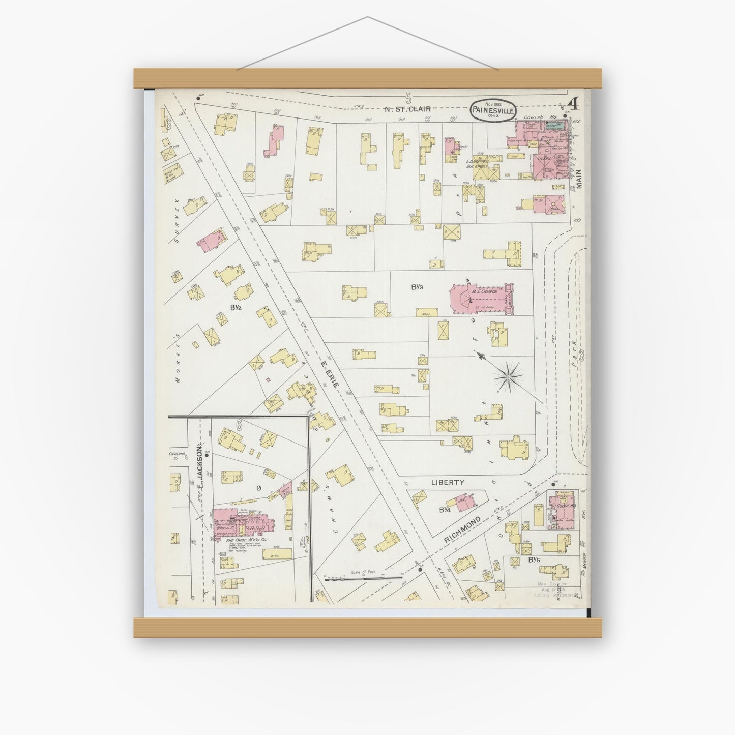 Old map wall art mockup — magnetic wood frame on white wall — Sanborn Fire Insurance Map from Painesville, Lake County, Ohio (1892), Sheet #0004