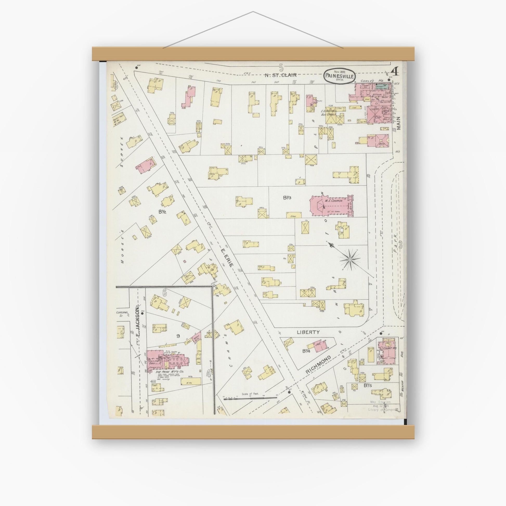 Old map wall art mockup — magnetic wood frame on white wall — Sanborn Fire Insurance Map from Painesville, Lake County, Ohio (1892), Sheet #0004