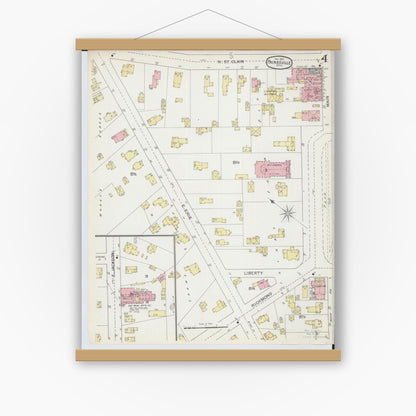 Old map wall art mockup — magnetic wood frame on white wall — Sanborn Fire Insurance Map from Painesville, Lake County, Ohio (1892), Sheet #0004