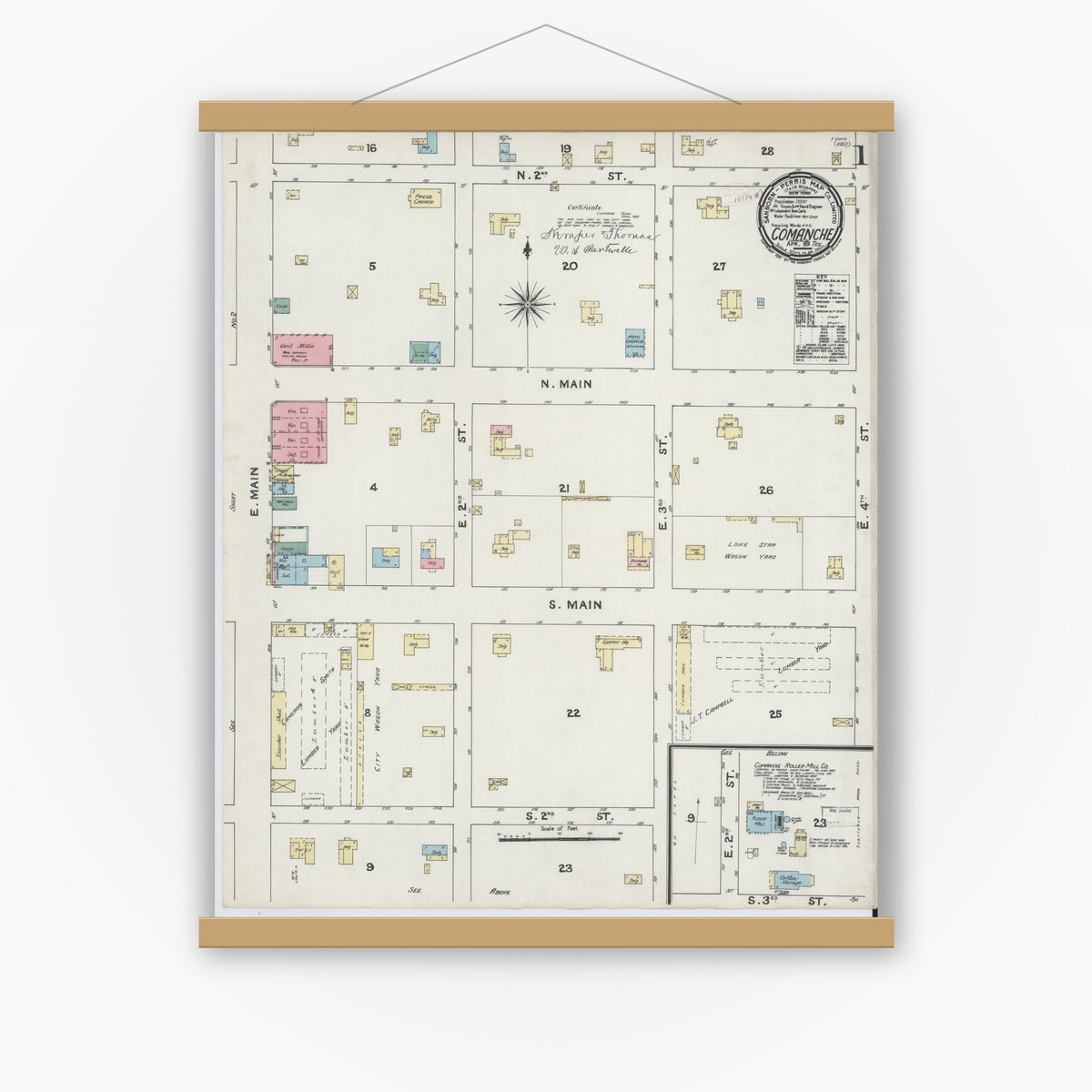 Old map wall art mockup — magnetic wood frame on white wall — Sanborn Fire Insurance Map from Comanche, Comanche County, Texas (1891) - Complete Map Set
