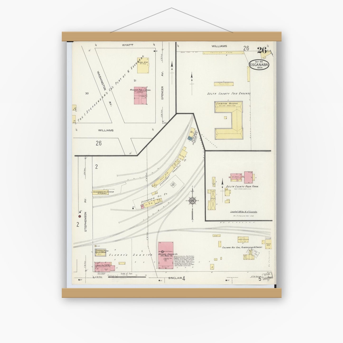 Old map wall art mockup — magnetic wood frame on white wall — Sanborn Fire Insurance Map from Escanaba, Delta County, Michigan (1913), Sheet #0026