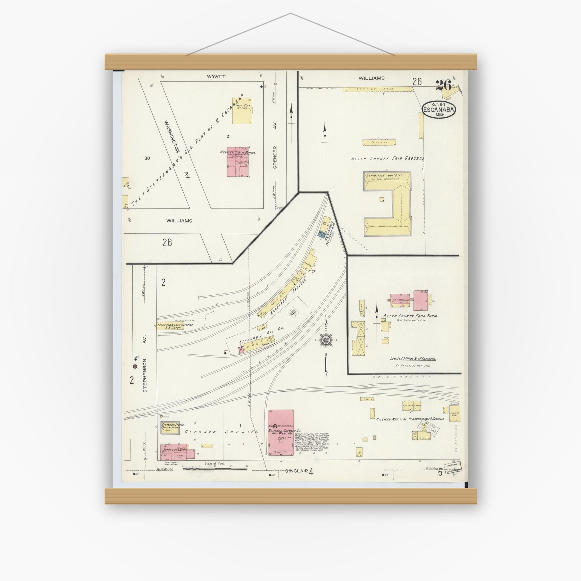 Old map wall art mockup — magnetic wood frame on white wall — Sanborn Fire Insurance Map from Escanaba, Delta County, Michigan (1913), Sheet #0026